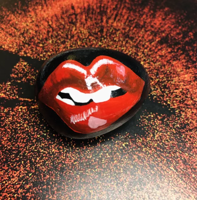 Hand Painted Rock With Acrylic Paint/ Seal With Art Resin/ Red Lips Bite