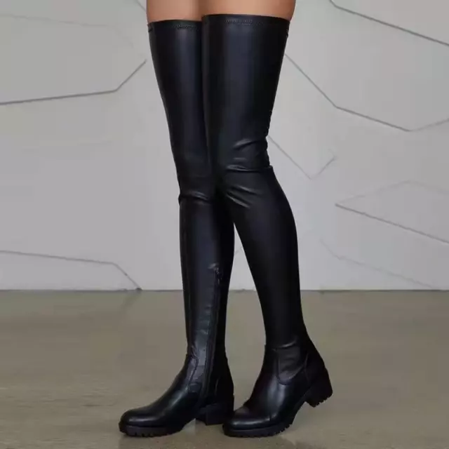 Women Block Heel Round Toe Zip Over Knee Thigh High Riding Boots Faux Leather