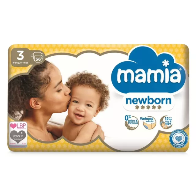 Mamia Newborn Dry Fast Nappies 56 Pack, Size 3 Midi 4-9kg/9-20lbs  Extra Soft