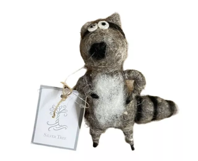 Silver Tree Plush Raccoon Christmas Ornament Gray and White 4 in