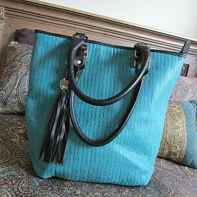 Treesje turquoise Woven Leather Tassel Large Organizer Tote Handbag Treesje turquoise Woven Leather Tassel Large Organizer Tote Handbag
