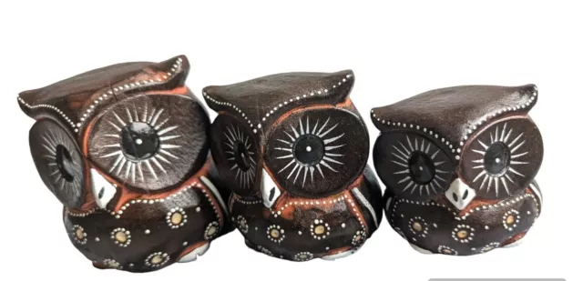 Home Decoration Carved Wooden Set of 3 Lovely OWL Coloured Figure Hand Painted 2