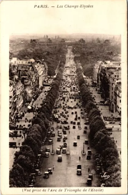 L'Avenue Des Champs Elysees Paris France Old Cars Aerial View Printed Postcard
