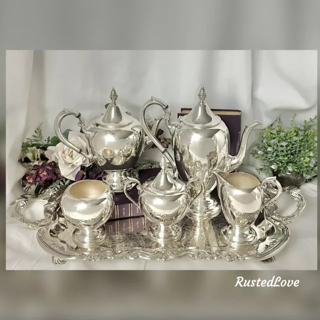 Gorham Colonial Tea & Coffee Service Set Silver Plated with Vintage Rogers Tray