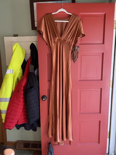 Orange Rust Free People Beatrice Satin Maxi Plunge Dress Size 0/XS