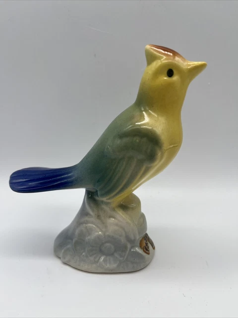 Vtg ROYAL COPLEY Bird Figurine Park Flower Stump Yellow Blue MCM 40’s Sticker