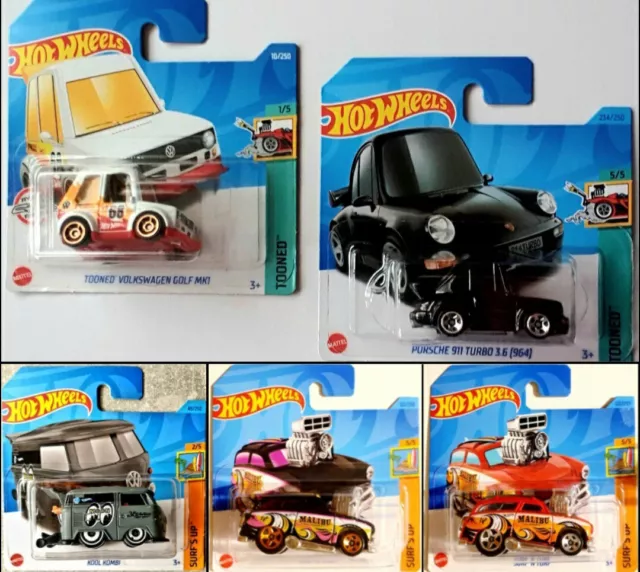 Hot Wheels Tooned VW Golf Porsche + Surf's Up Kool Kombi Surf'N Turf Mattel OVP