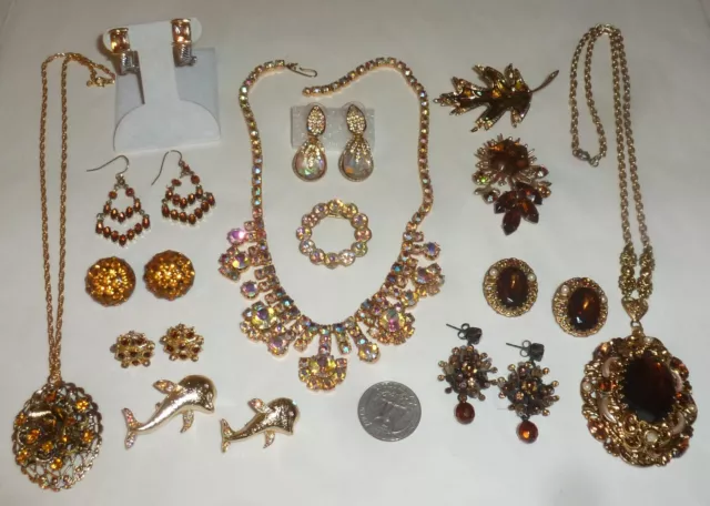 Vintage-Now Lot 53pc Rhinestone Jewelry Brooches Earrings Necklaces Bracelets