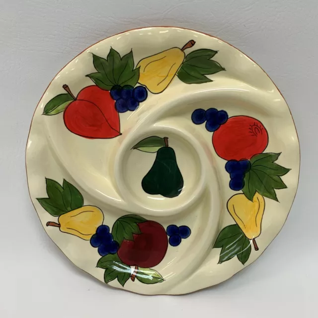 Chip & Dip 10" Divided Dish Plate w/ Fruits Apple Grapes Pear Yellow Green Serve