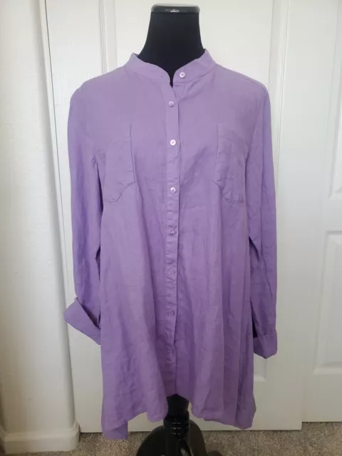 Eileen Fisher Purple Linen Blouse L Large Long Sleeve Boyfriend Top