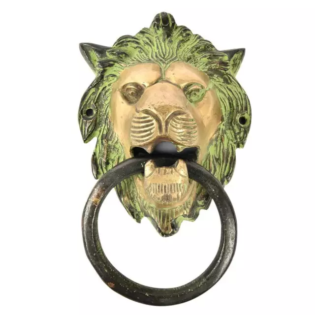 Hand Crafted Vintage Style Brass Lion Head Door Knocker With Patina