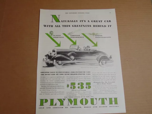 1931 PLYMOUTH $535 Automobile art print ad