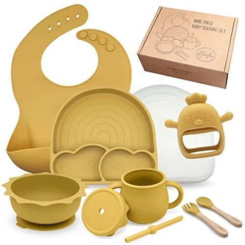 Silicone Baby Feeding Set Toddler Led Weaning Supplies Bib Divided Plate Suct...