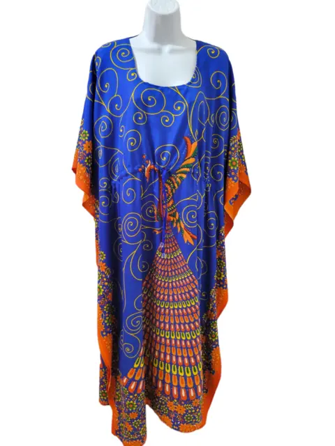 NF Womens Kaftan Caftan Maxi Dress Blue Orange Peacock Free Size