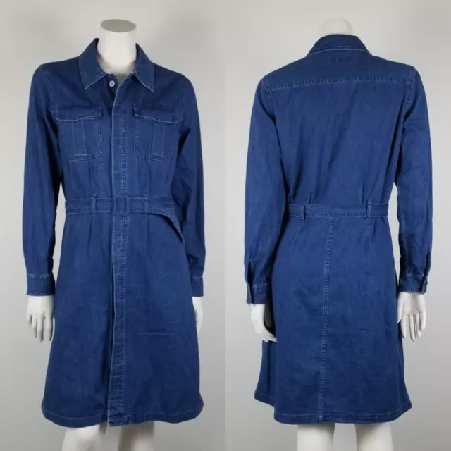 A.P.C. Indigo Chambray Denim Minimalist Cotton Knee Length Belted Shirt Dress M