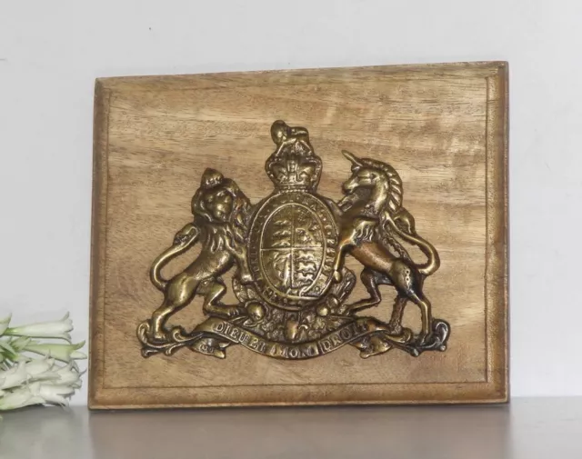 Vieux Laiton & en Bois ' Dieu Et Mon Droit ' Lion & Licorne Artisanal Décor 9582