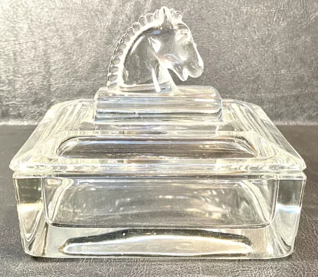1940s Heisey Crystal Puritan Cigarette Box Troy Horse Head Cover 4 3/8”