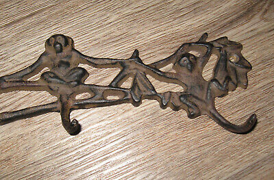 vintage heavy Cast Iron 15" inch MONKEY Tails Wall Hanger 5 Hooks JUNGLE Animal 3