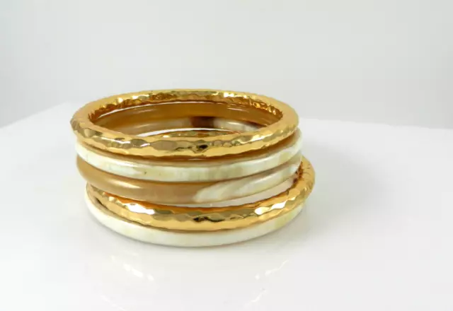 NEST Saks Neiman's 22K Gold Plate & Horn 5 Piece Stacking Bangle Bracelet  7 3/4 2
