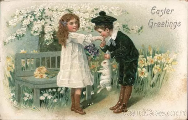 Easter Children Easter Greetings Tuck Antique Postcard Vintage Post Card