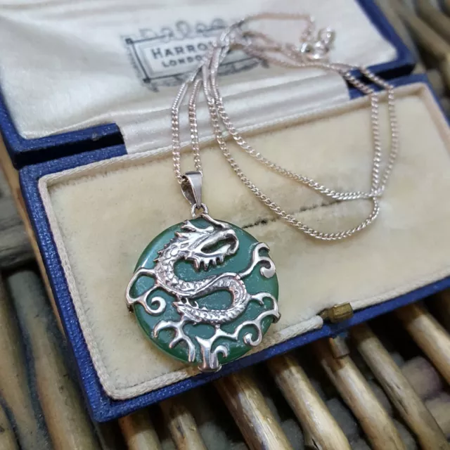 Vintage 925 Sterling Silver Necklace, Dragon Pendant, Green Chrysoprase Pendant