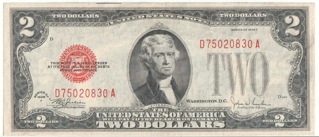 1928- F   $2 Dollar Red Seal Note    Crisp Unc.     