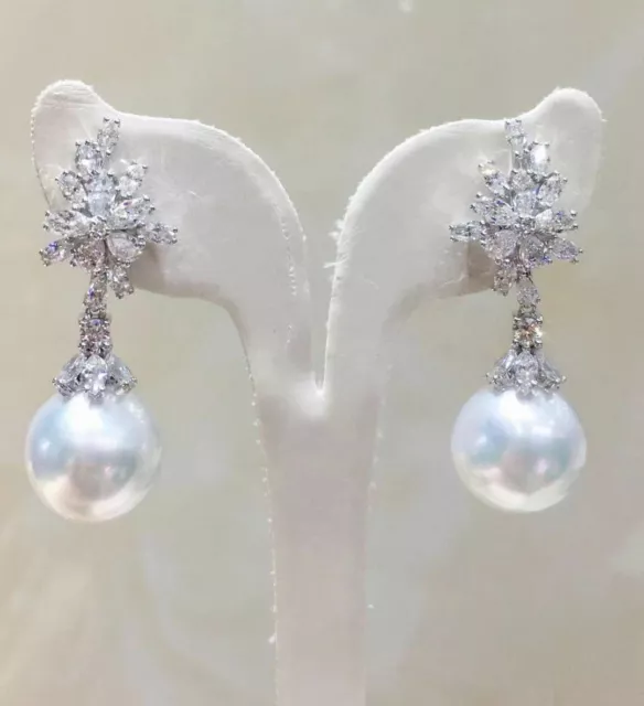 charming  10-11mm south sea round white pearl dangle earring 925s