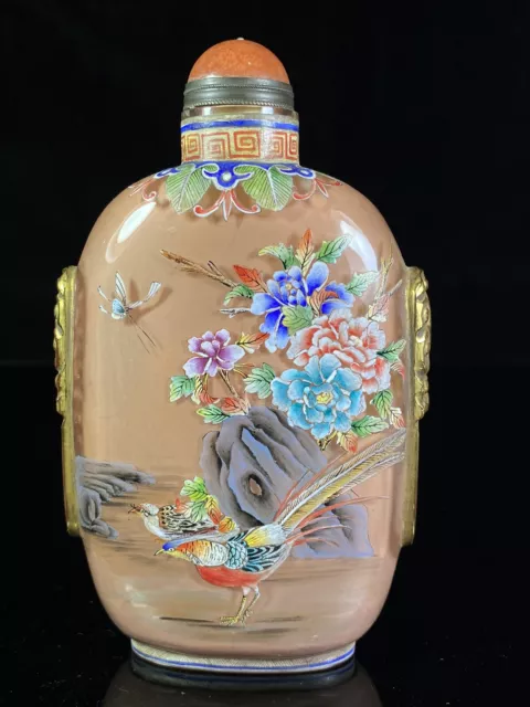 Chinese Old Peking Glass Inside Painted Flower Bird Beautiful Snuff Bottle Art