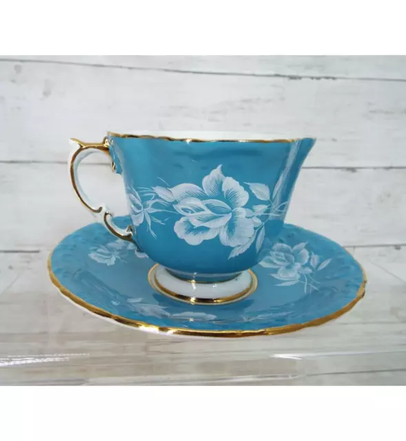 Vintage Aynsley England Fine Bone China Turquoise Blue Floral Tea Cup and Saucer