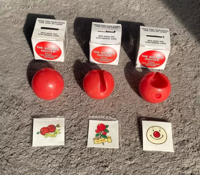 3 x Vintage Red Nose Day Box 1999 'The Big Red Hooter' Squeaky Nose Comic Relief