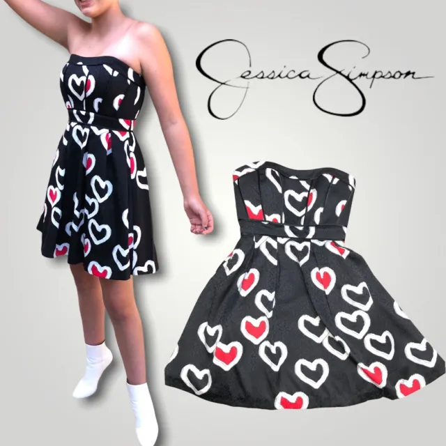 Jessica Simpson Size 4 Strapless Heart Dress Black Red White Fit & Flare Party