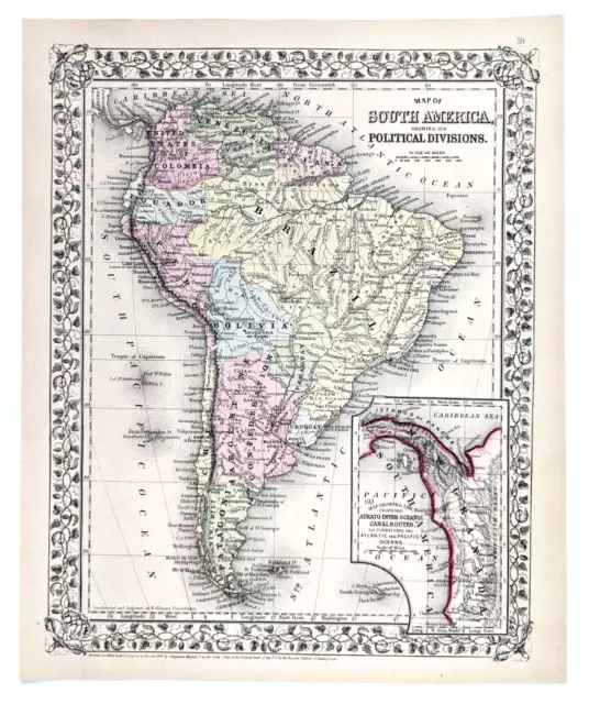 1867 Map South America Political Divisions Brazil Patagonia Granada Venezuela