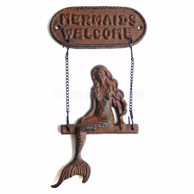 Cast Iron Mermaid on Swing Wall Plaque Welcome Sign Rustic Style Nautical Decor