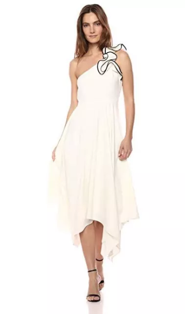 New Halston Heritage Womens One Shoulder Ruffle Crepe Gown - Chalk/Black