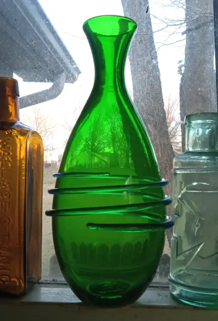 Vintage Free Blown Emerald Green Art Glass Vase With Blue Applied Glass Rings
