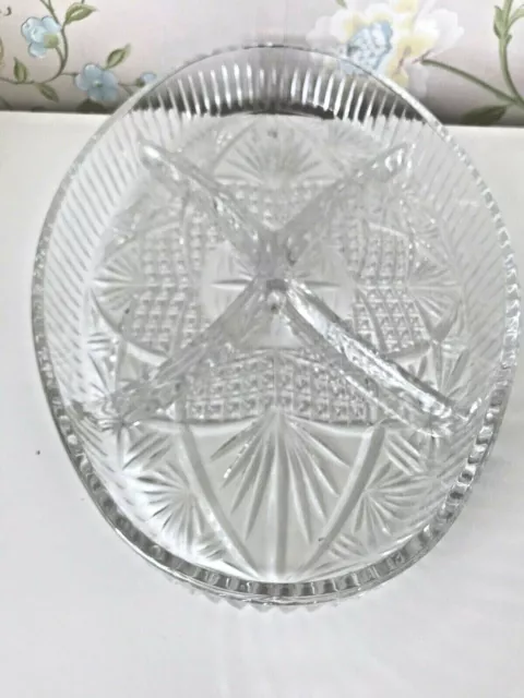 Vintage Clear Cut Glass Crystal 11" Oval 4 Section Serving Dish Snack Platter