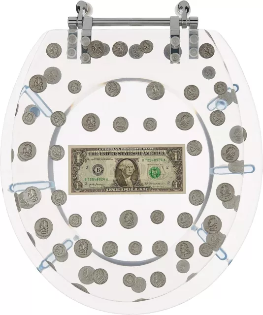 Coins And Dollar Bill Money Toilet Seat, Resin Standard Round With Chrome Hinges