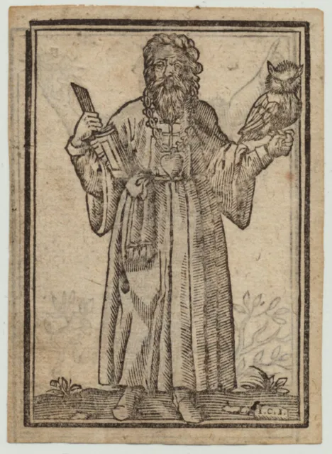 EULE Weisheit Original Cesare Ripa Holzschnitt um 1699 Ovid Frau mit Stacheln