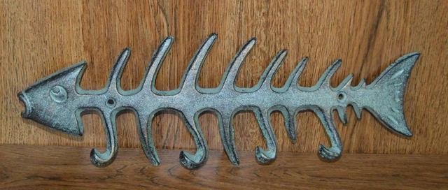 13" Cast Iron Fish Bones Wall Hook - Verdigris Green - Towel Hanger, Coat, Hat