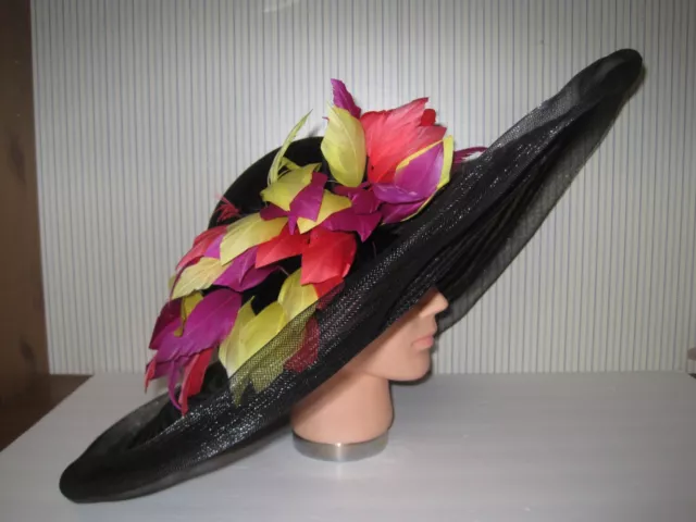 SCALA Black Church Kentucky Derby Hat Tea Party Wide Brim Sinamay milan Hat