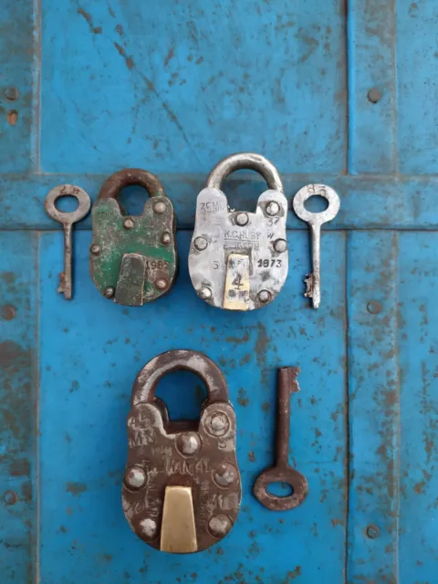 Old brass iron lock indian bank padlock vintage india post lock hand painted 3pc