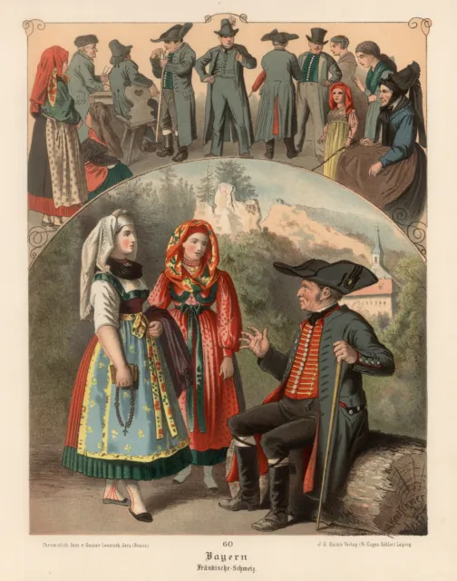 Franken Costume Original Lithographie Couleur Kretschmer 1880