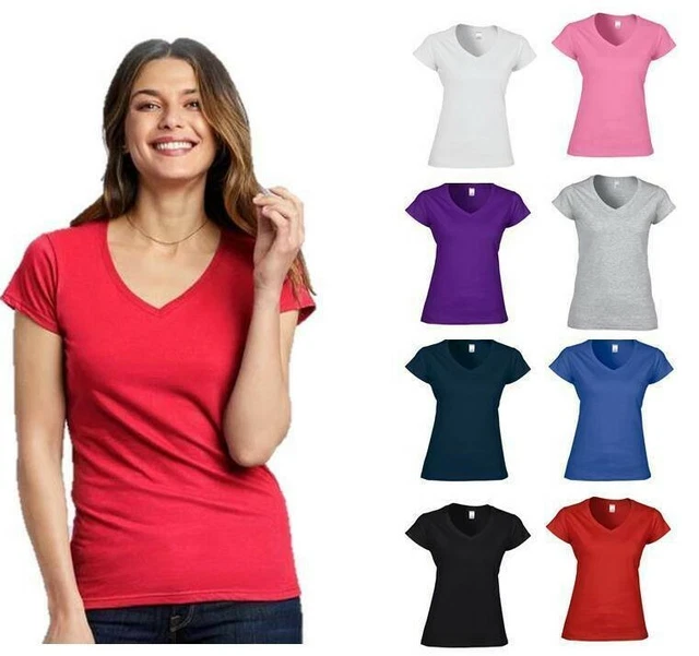T-shirt Maglietta Donna Manica Corta Scollo A V Cotone 100% Fit Gildan Maglia