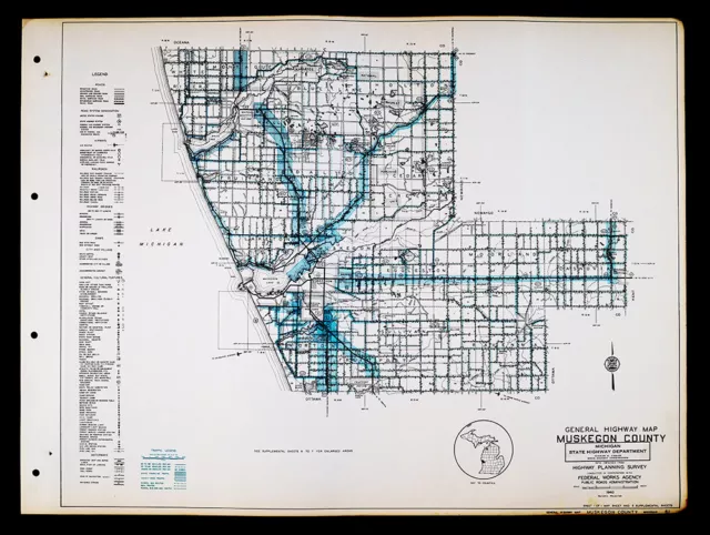 1940 Michigan Highway Map Muskegon County Whitehall Fruitport Ravenna Twin Lake