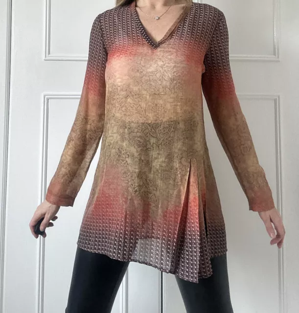 Piazza Sempione Semi Sheer Silk Tunic Style Blouse Top With Pleat Detail￼ Size S