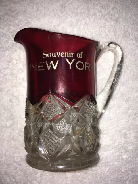 Vintage Ruby Flash EAPG Pitcher. “Souvenir of New York” c.1900’s.  Pressed Glass