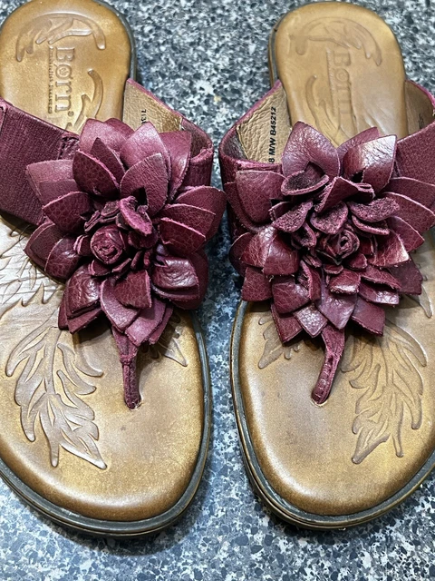 BORN Sandals Burgundy Leather Astrid B45212 Womens 7/38 Thong Slip On Flower