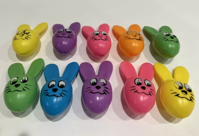 Vintage Lot 12 Easter Bunny Rabbit Head Blow Mold Plastic Ornaments Colorful!