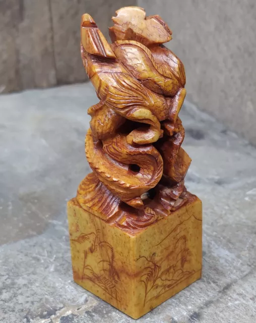 Estampilla antigua de colección tallada china de piedra jabonosa doble dragón serpiente Sam Holmes