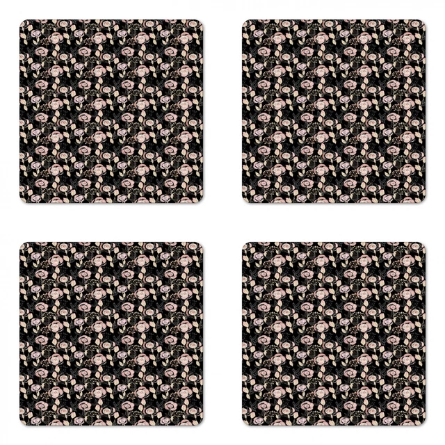 Ambesonne Floral Blooms Coaster Set of 4 Square Hardboard Gloss Coasters